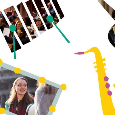 Four illustrations of a glockenspiel, violin, saxophone and clapper board. In the glockenspiel is a photo of a girl smiling and in the violin is a boy smiling.
